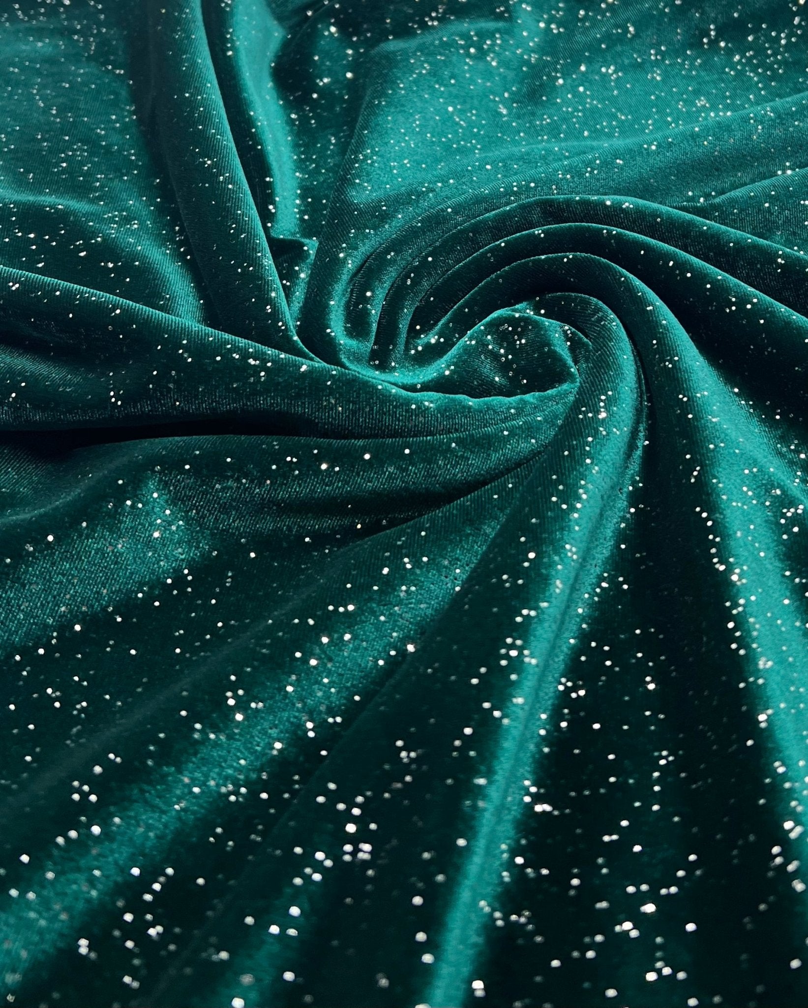 Plain Bottle Green Metallic Sparkle Glitter Velour Stretch Fabric - T9 Fabrics